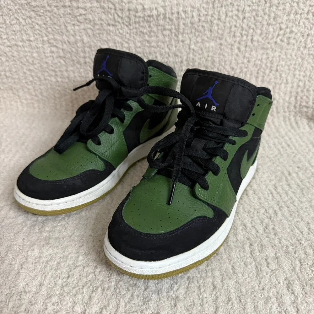 Nike Air Jordan‎ 1 Mid Olive Canvas Black Green Sneakers Shoes 6Y